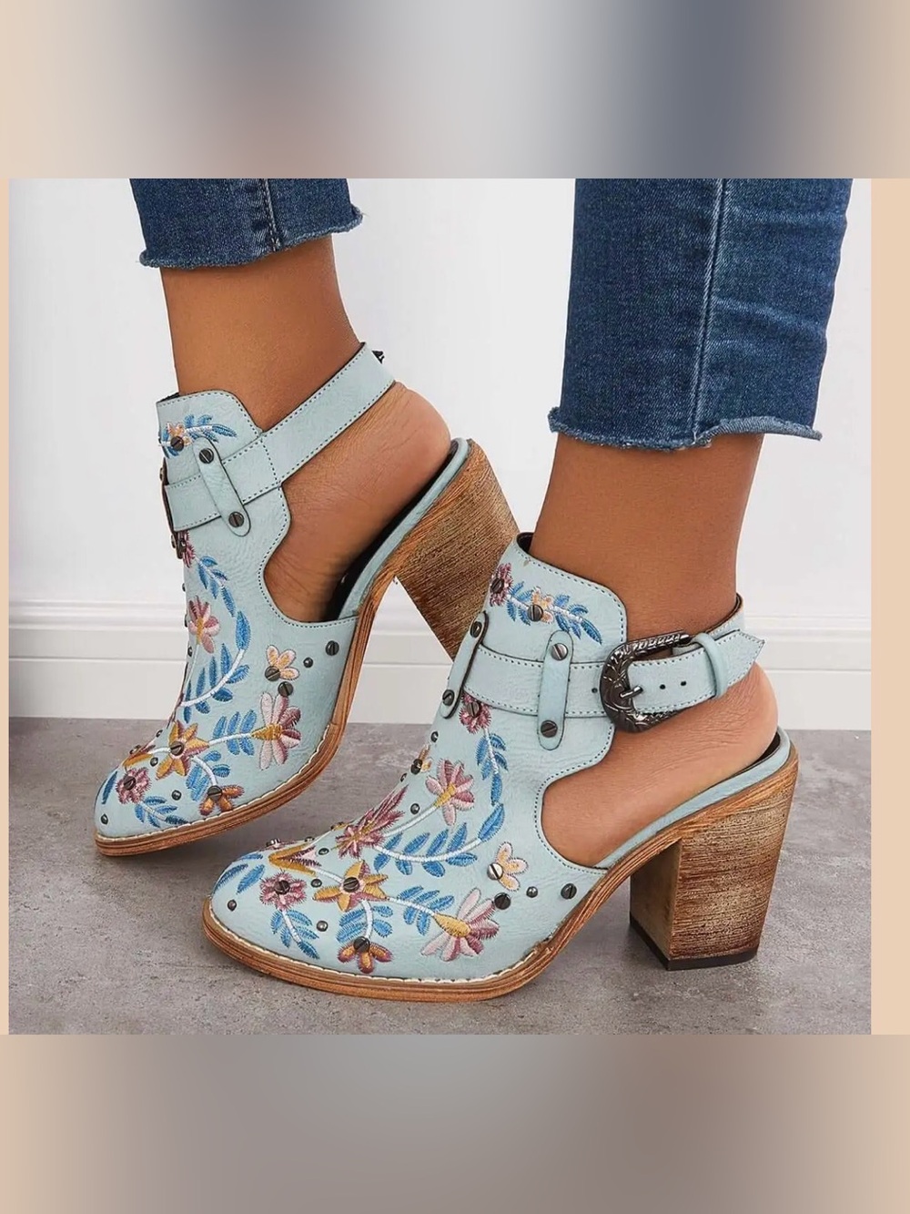 Vintage Western Floral Embroidery Wood Heeled Buckle Strap Ankle Booties SZ 8